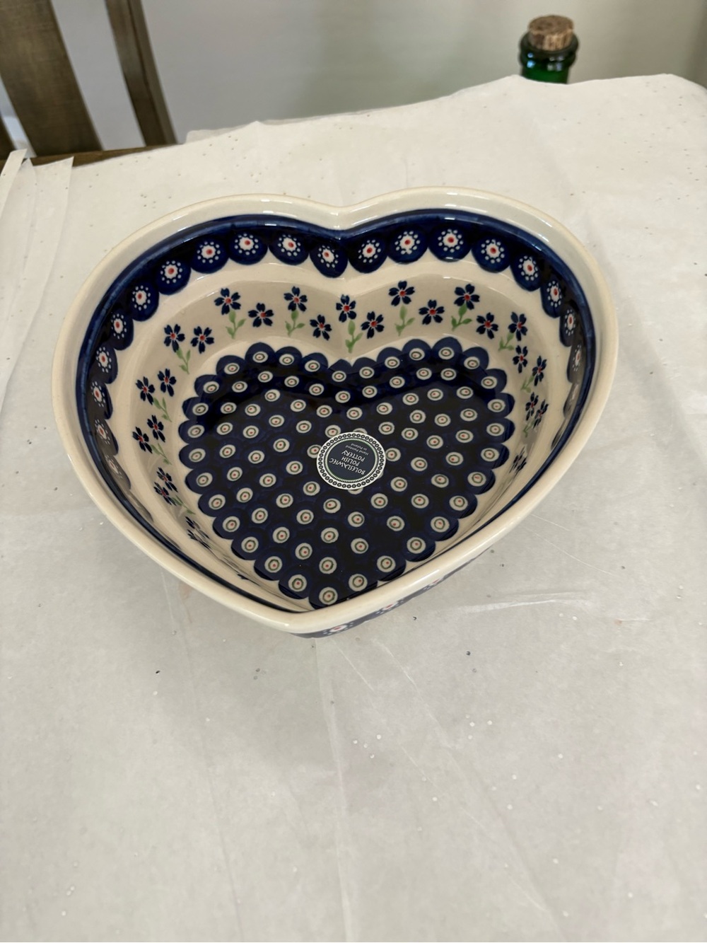 Big Boleslawiec Polish Pottery Heart shaped bowl Peacock Eyes With Blue flowers